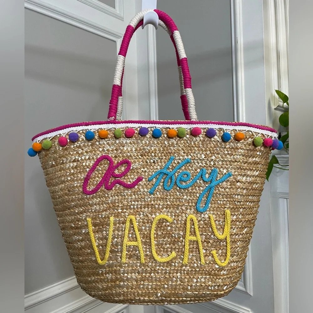 Shiraleah Multicolor Straw Tote with Pom Poms - Picture 1 of 3